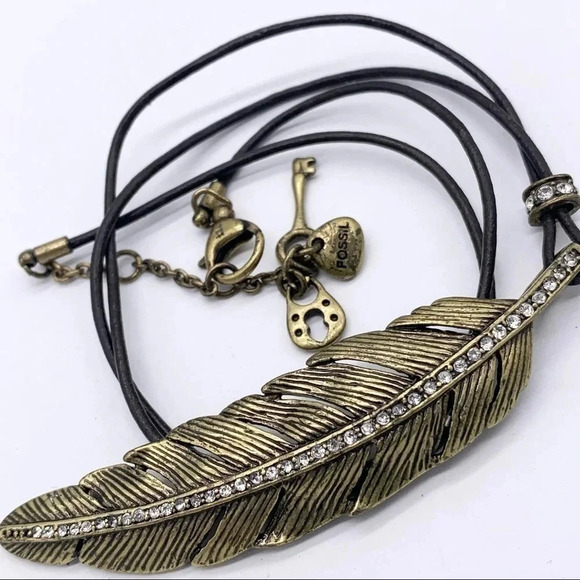 Fossil Jeweled Feather Leather Cord Necklace - Picture 2 of 2